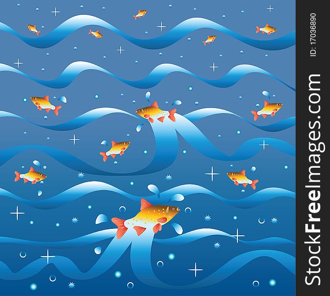 Fishes lap in river waves. Vector illustration