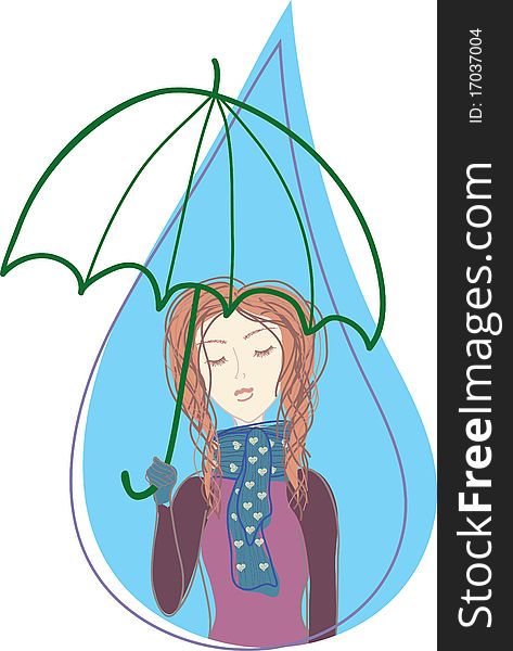 Cartoon girl with umbrella in drop