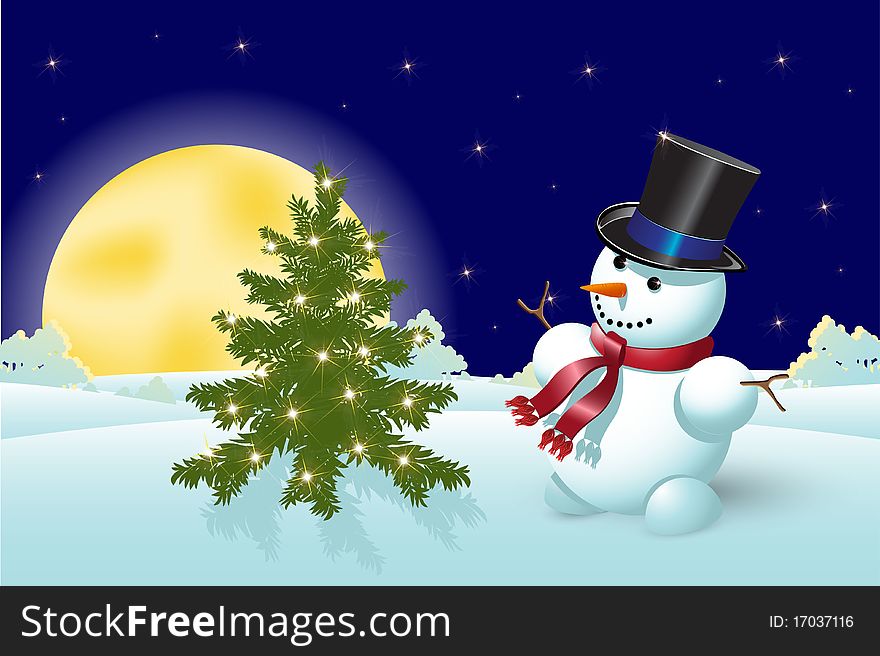 Illustration, new year's snowman in hat on blue background