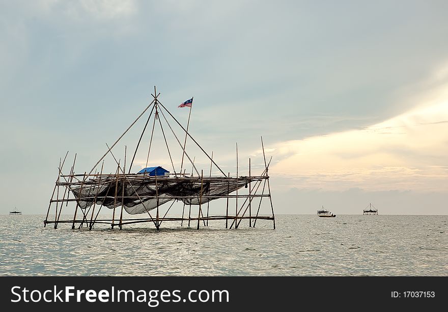 Traditional malay anchovy fishing construction in the sea