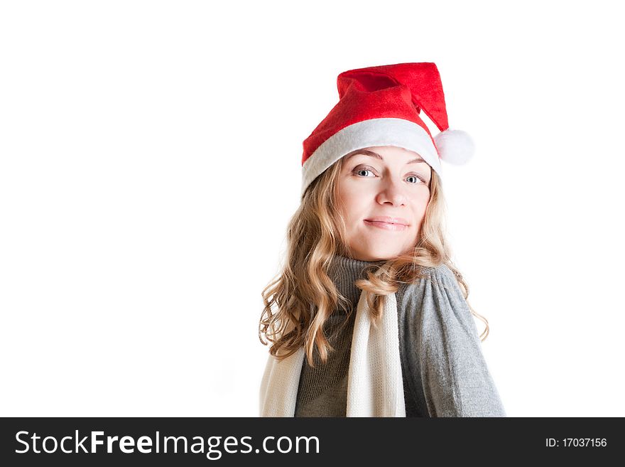 Portrait of a beautiful young woman in Santa hat (Isolated on white background)