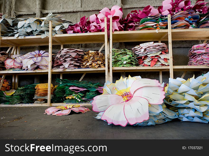 Paper Flowers shelved at Mardi Gras World. Paper Flowers shelved at Mardi Gras World