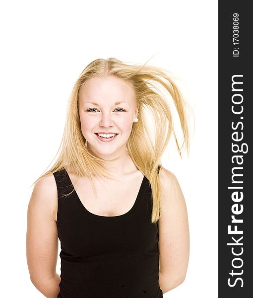Girl with windy hair isolated on white background