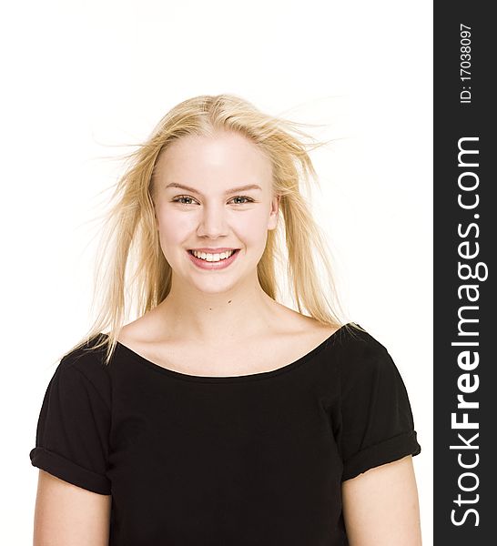 Girl with windy hair isolated on white background