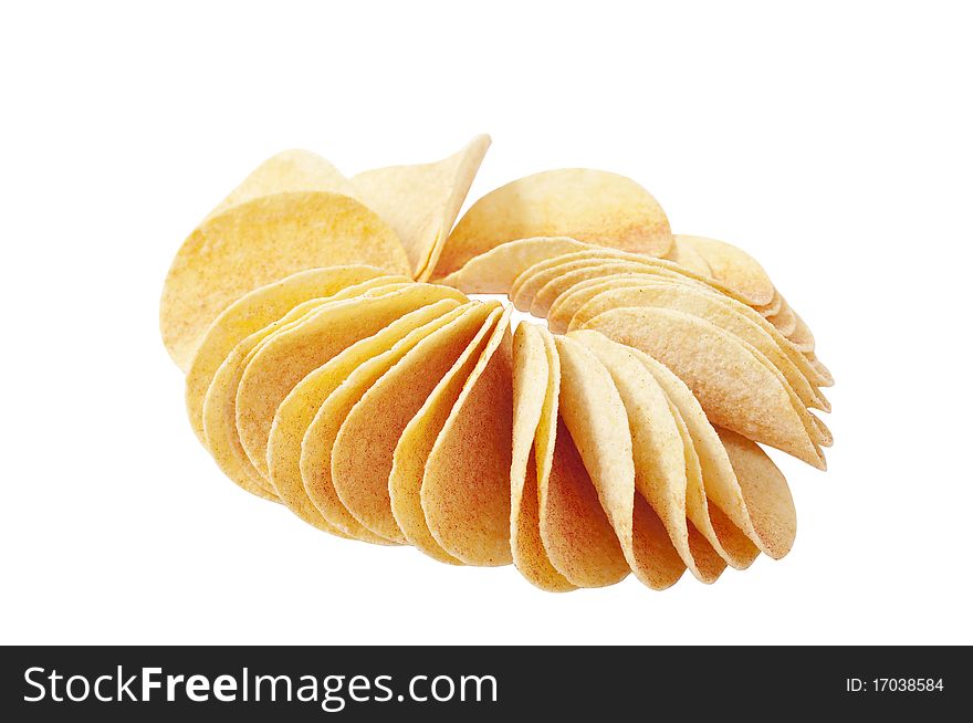 Potato chips on white background