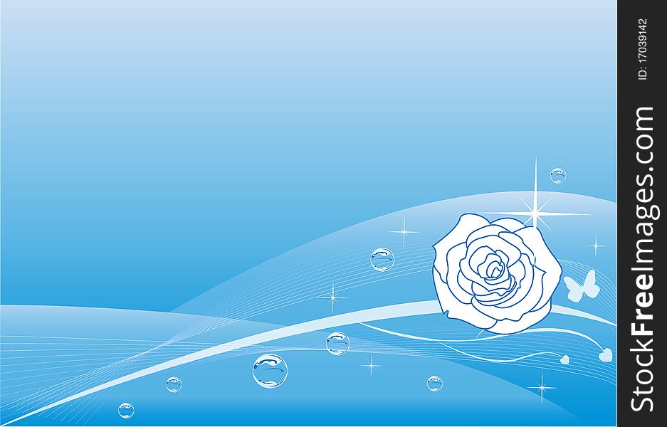 Clear blue wave background with rose, stars and glowing bubbles. Clear blue wave background with rose, stars and glowing bubbles.