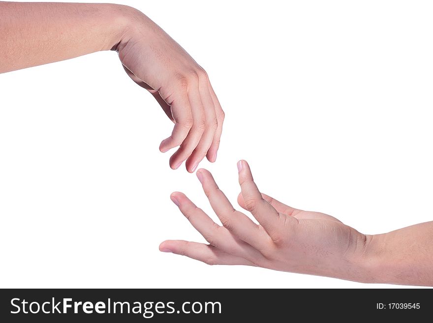 Powerlessly hanging man's hand on a white background.