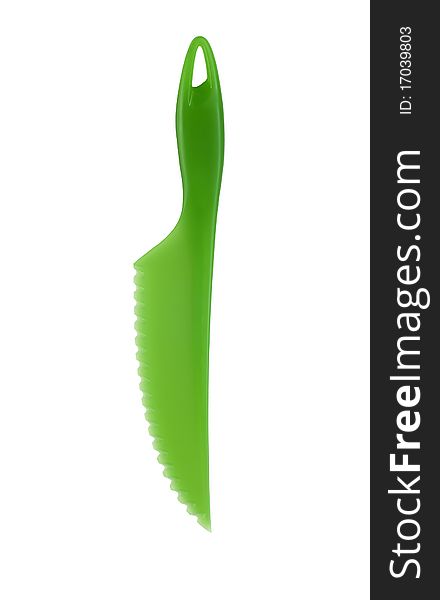 Plastic green knife for vegetable on white background. Plastic green knife for vegetable on white background