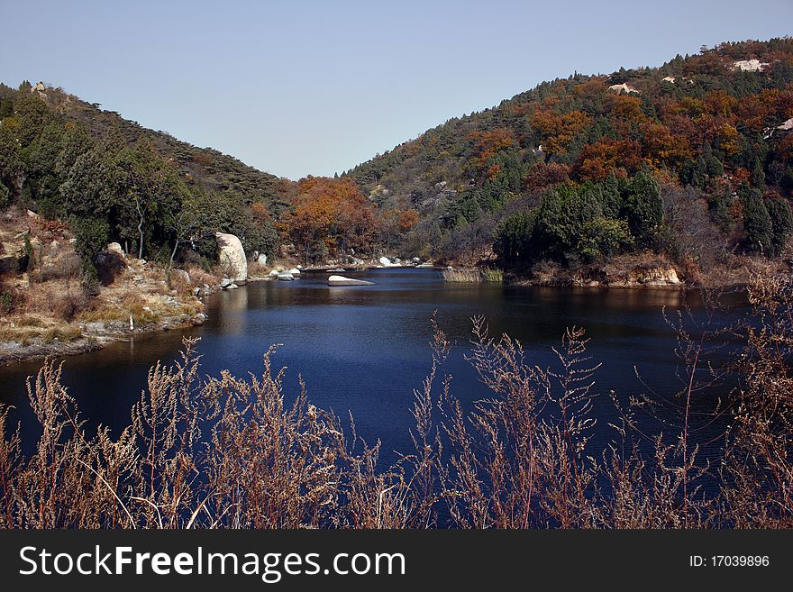 Lake scenery , blue water and hill----