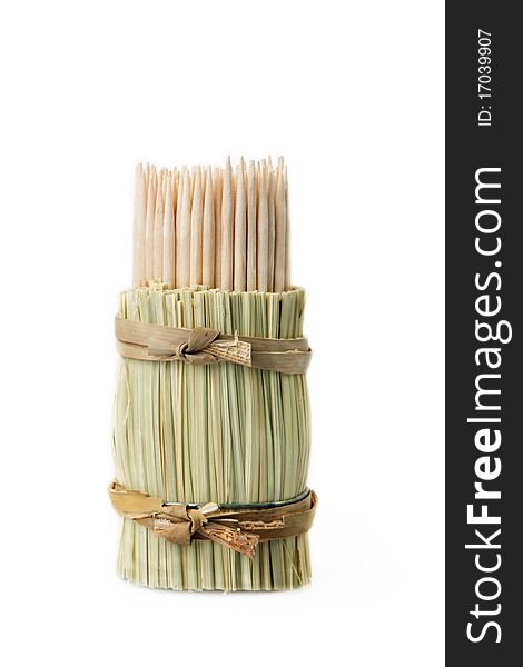 Wooden toothpicks on a white background