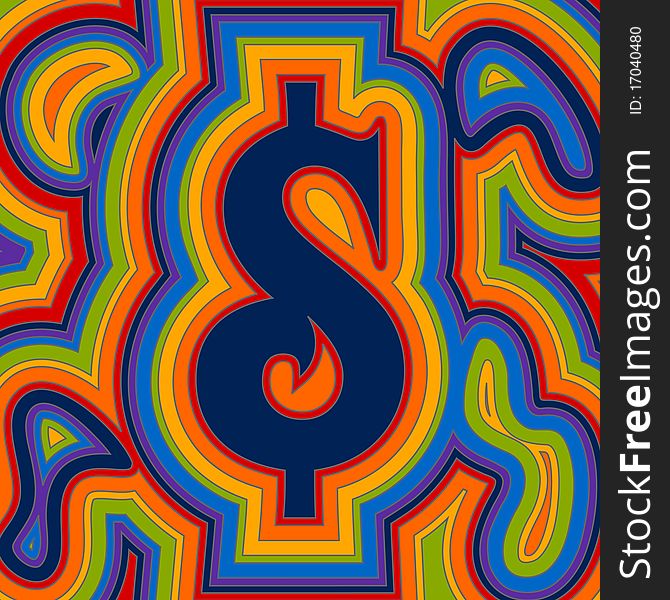 A groovy dollar sign with psychedelic offset swirls in rainbow colours. A groovy dollar sign with psychedelic offset swirls in rainbow colours.