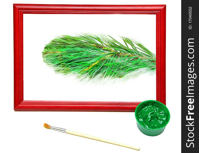 Not finished painting spruce branches in wooden frame. Not finished painting spruce branches in wooden frame