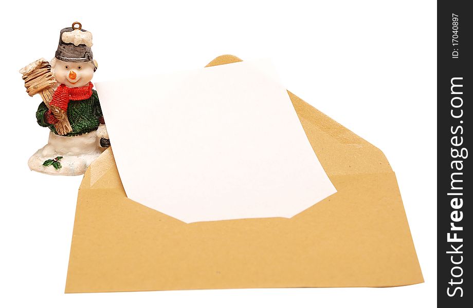 Empty paper inside envelope and snowman on white background