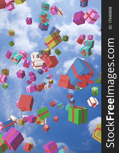 3d image of lots of colorful gift boxes flying in the air