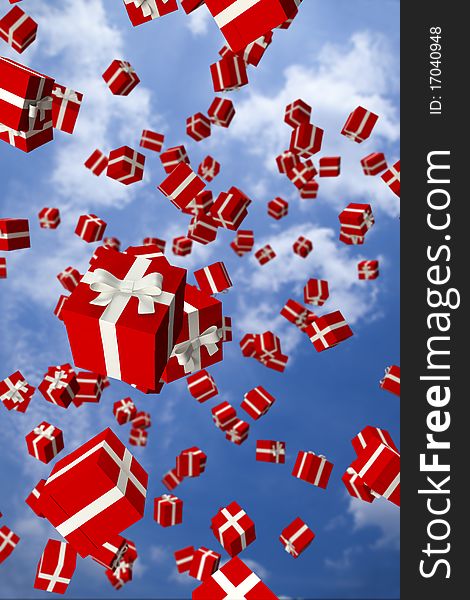 3d image of lots of red gift boxes flying in the air