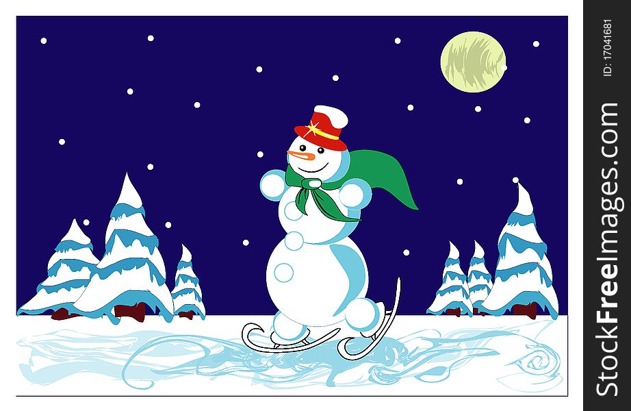 Vector illustration. The snowman skatings on lake at night. Vector illustration. The snowman skatings on lake at night