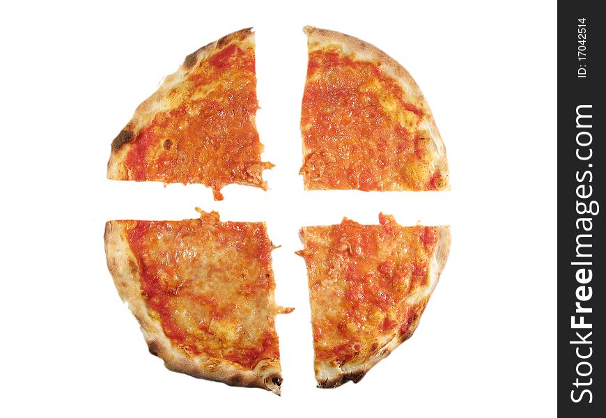 Italian pizza â€œMargheritaâ€ with tomato and cheese. In four slices and isolated on white. Italian pizza â€œMargheritaâ€ with tomato and cheese. In four slices and isolated on white.