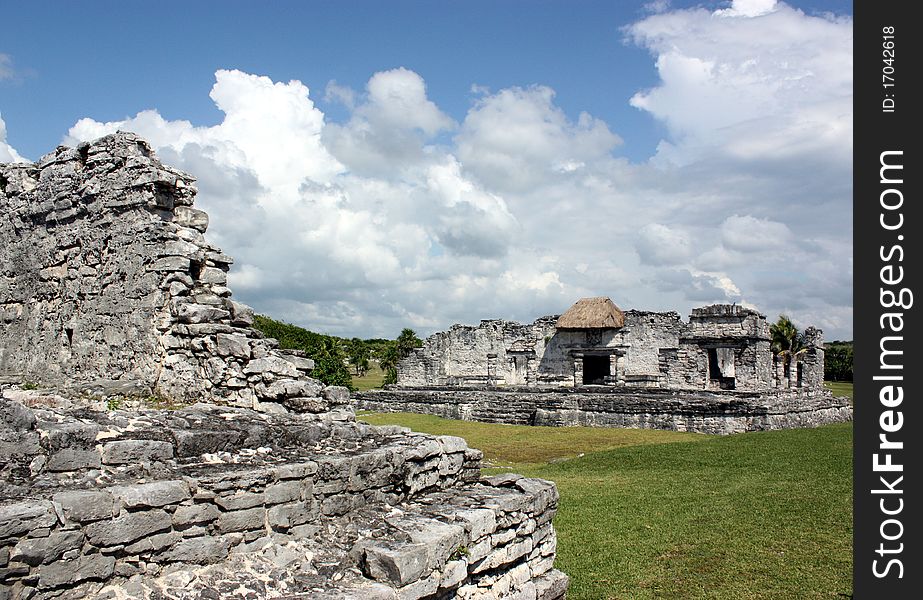 Remains of two royal palaces located inside the walled ruins of tulum archeological site in the mexican yucatan;. Remains of two royal palaces located inside the walled ruins of tulum archeological site in the mexican yucatan;