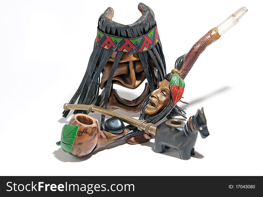 American indian toy mask of  and peace rods. American indian toy mask of  and peace rods