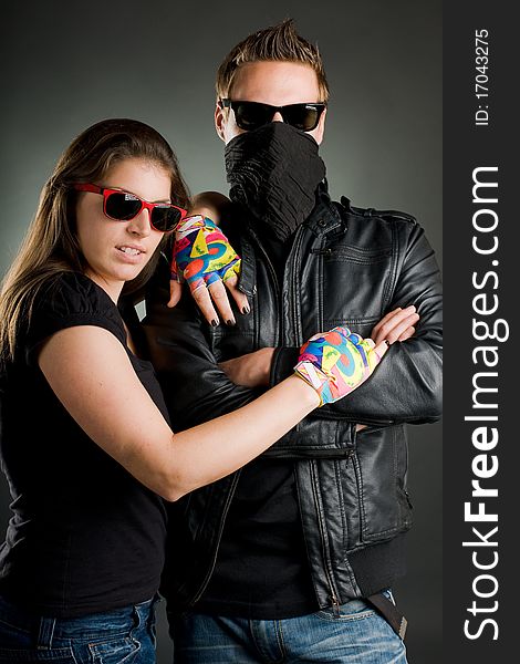 Wild couple with sunglasses and leather jacket