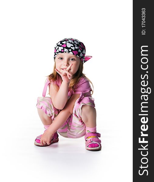 Little Girl In Bandana On White Background