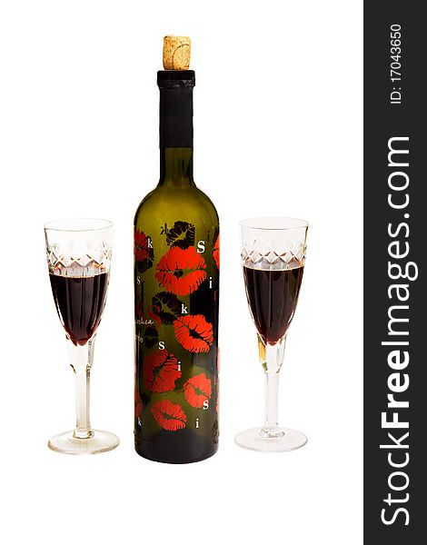 Red wine bottle and glass, isolated on white background