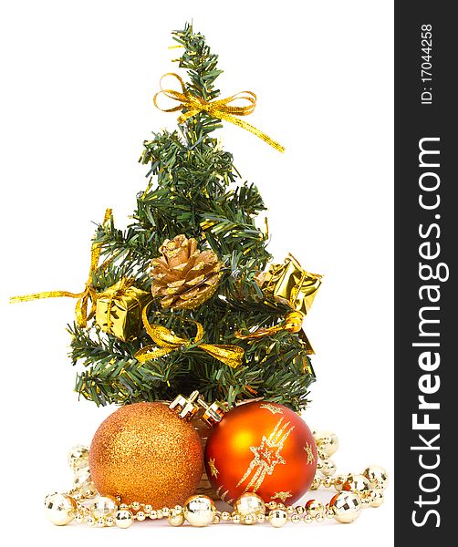 Christmas decorations and fir tree, isolated on white