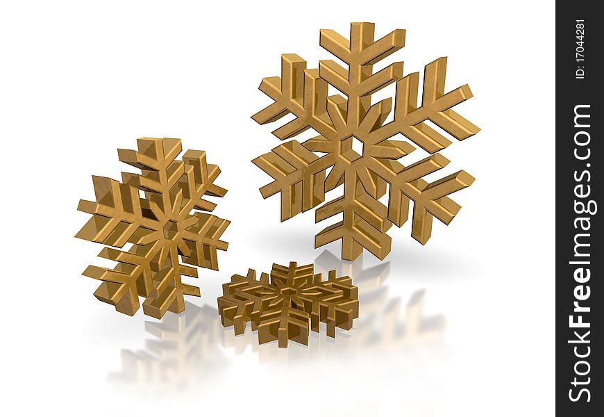Golden snowflakes on white background with reflections, 3D render. Golden snowflakes on white background with reflections, 3D render