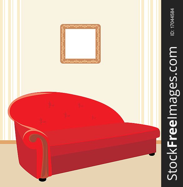 Red stylish sofa. Fragment of room. Illustration