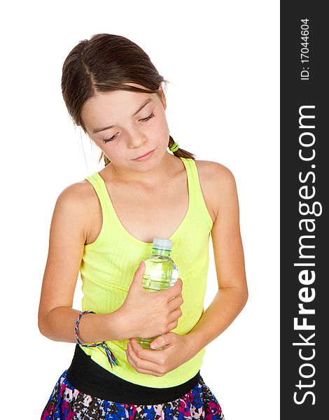 Thoughtful Girl Holding Bottle Of Mineral Water