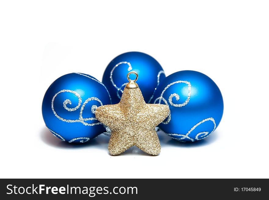 Blue christmas toys for decoration on white background