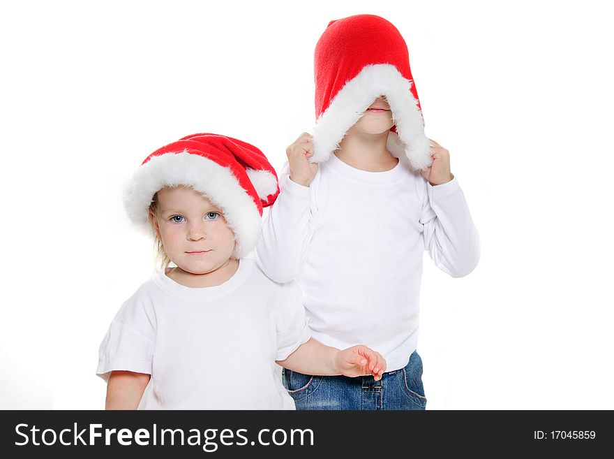 Two santa helpers over white