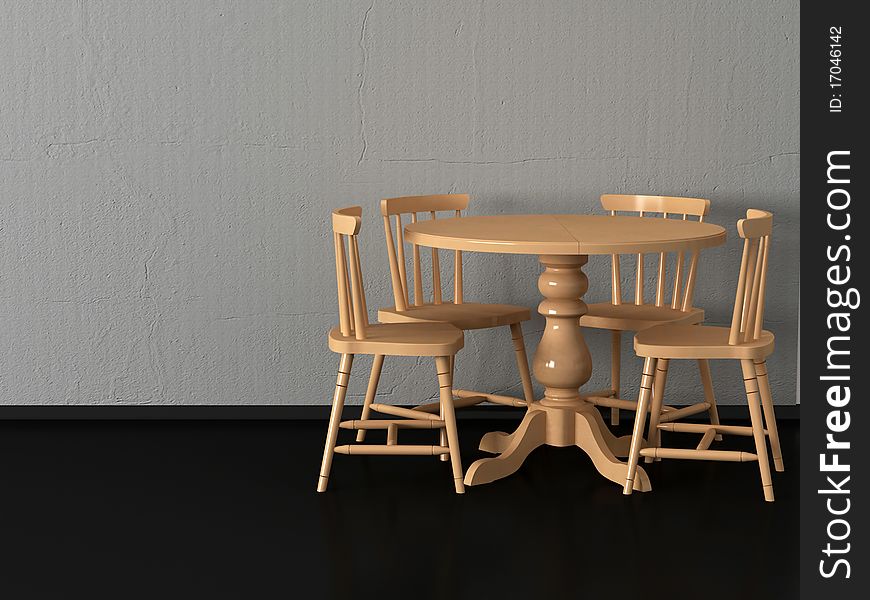 Modern dining room, round wooden table witn four chairs, render/illustration