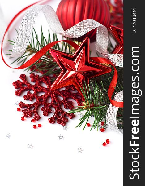 Bright christmas composition with ribbons, stars, snowflake and xmas tree on white background. Isolated. Space for text.