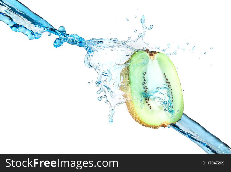 Kiwi water splash on white background