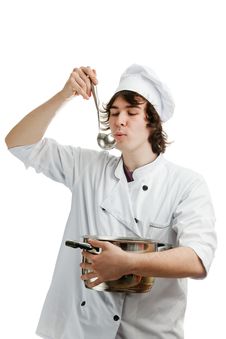 Chef With Ladle And Pan Royalty Free Stock Photo