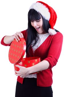 Christmas Girl With Gift On White Stock Image