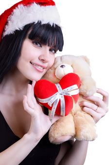 Christmas Girl With Teddy Bear On White Stock Image Christmas Girl With Teddy Bear On White Stock Image