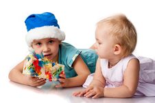 Girl In Santa S Hat  And Baby Stock Image