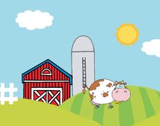 Lone Cow On A Hill Near A Silo And Barn Royalty Free Stock Image