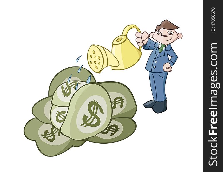The businessman is watering a cabbage consisting from money. The businessman is watering a cabbage consisting from money