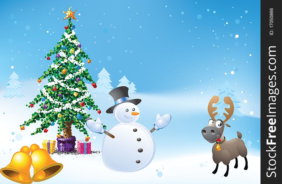 Cute Snowman standing near a Christmas tree. Cute Snowman standing near a Christmas tree