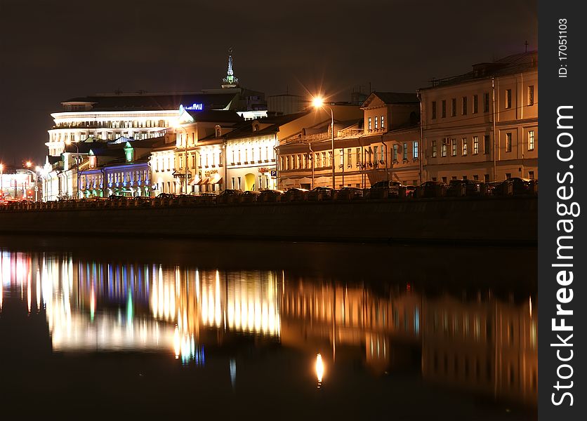 Russia, Moscow Center, night view (panorama) on the drain channel with Luzhkov (Tretyakov) bridge