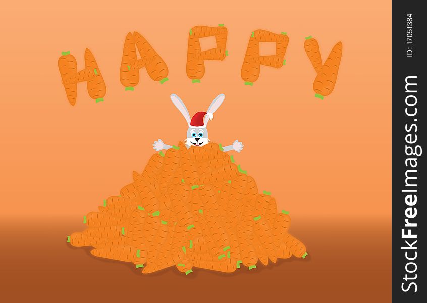 Happy hare on the heap of carrot on an orange background. Happy hare on the heap of carrot on an orange background.