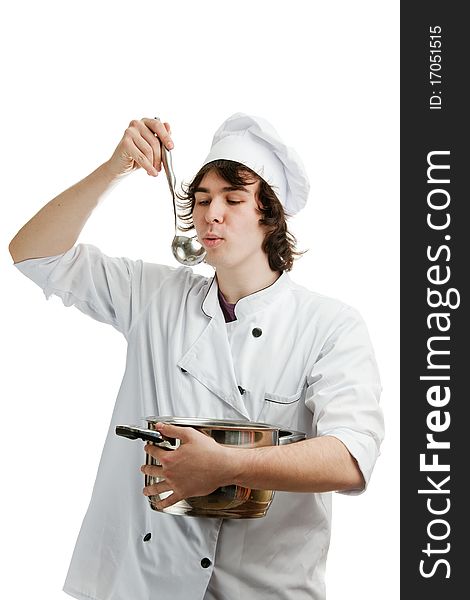 An image of a young chef with a ladle and a pan. An image of a young chef with a ladle and a pan