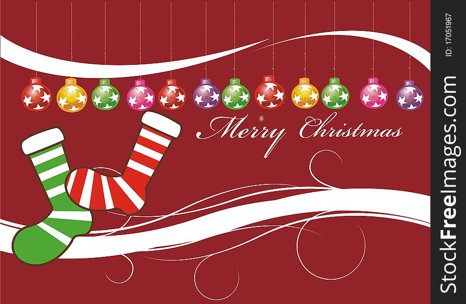 Red christmas card with ornaments