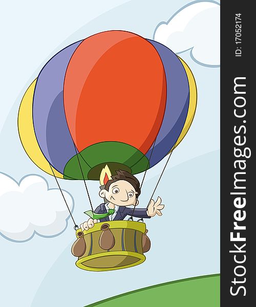 Illustration of the businessman flights by colorful balloon