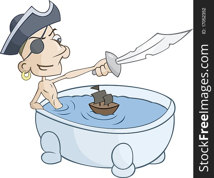 Illustration of the pirate playing with little ship in the tub. Illustration of the pirate playing with little ship in the tub