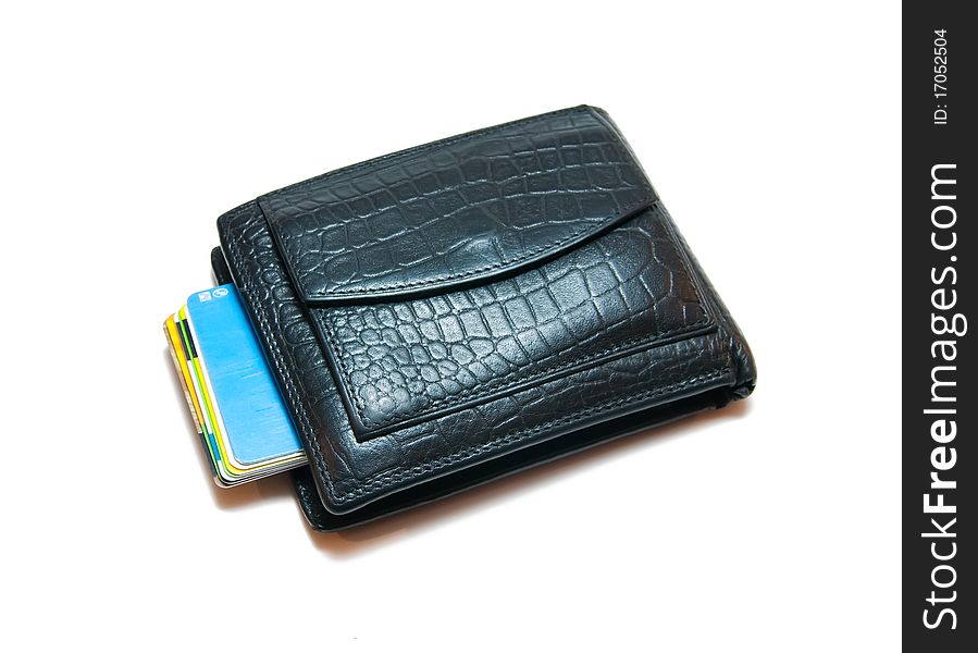 Black purse with credit cards on a white background. Black purse with credit cards on a white background