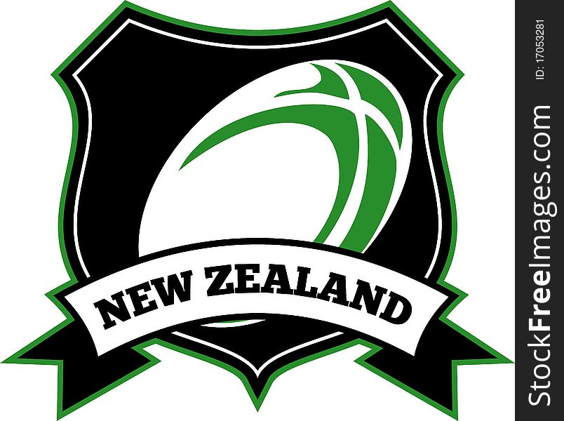 Illustration of a rugby ball set inside shield with words new zealand. Illustration of a rugby ball set inside shield with words new zealand